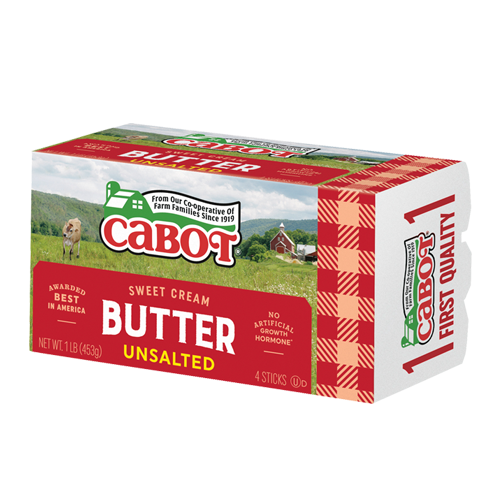 Cabot unsalted sweet cream butter packaging, featuring a scenic farm background, highlighting its quality and award-winning status. Contains four sticks, 1 lb (453g), labeled as free from artificial growth hormones.